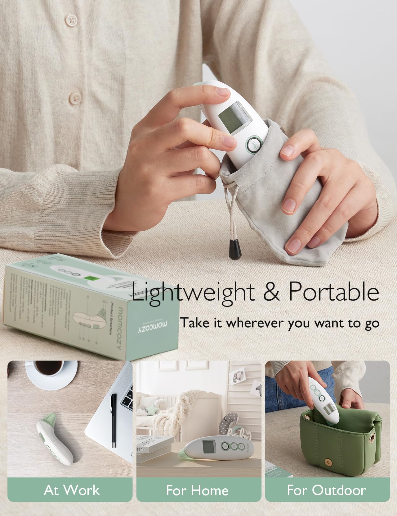 Momcozy storage bag for the thermometer keeps travel-ready gear organized.