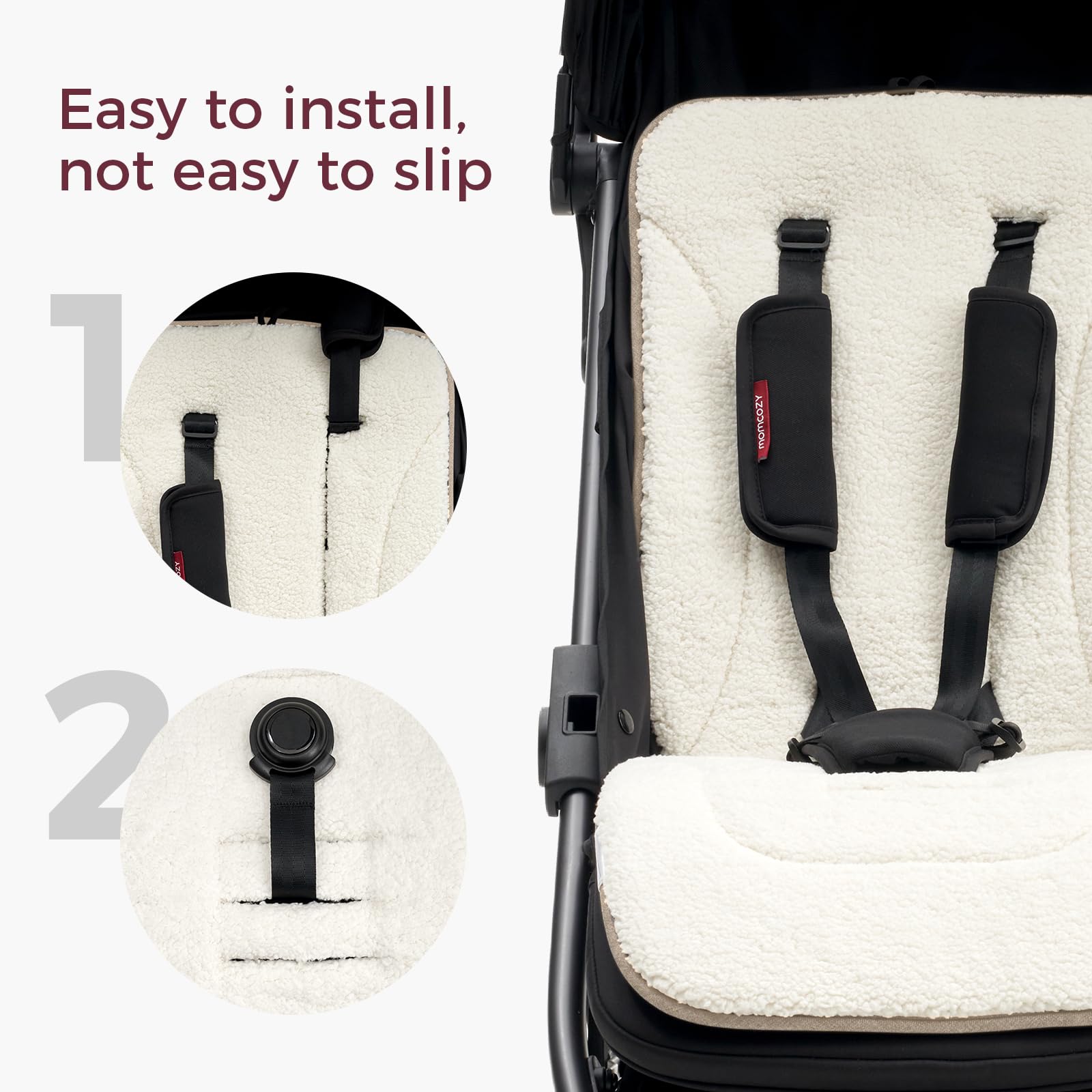 Momcozy stroller cushion easy installation with safety straps for a secure fit.