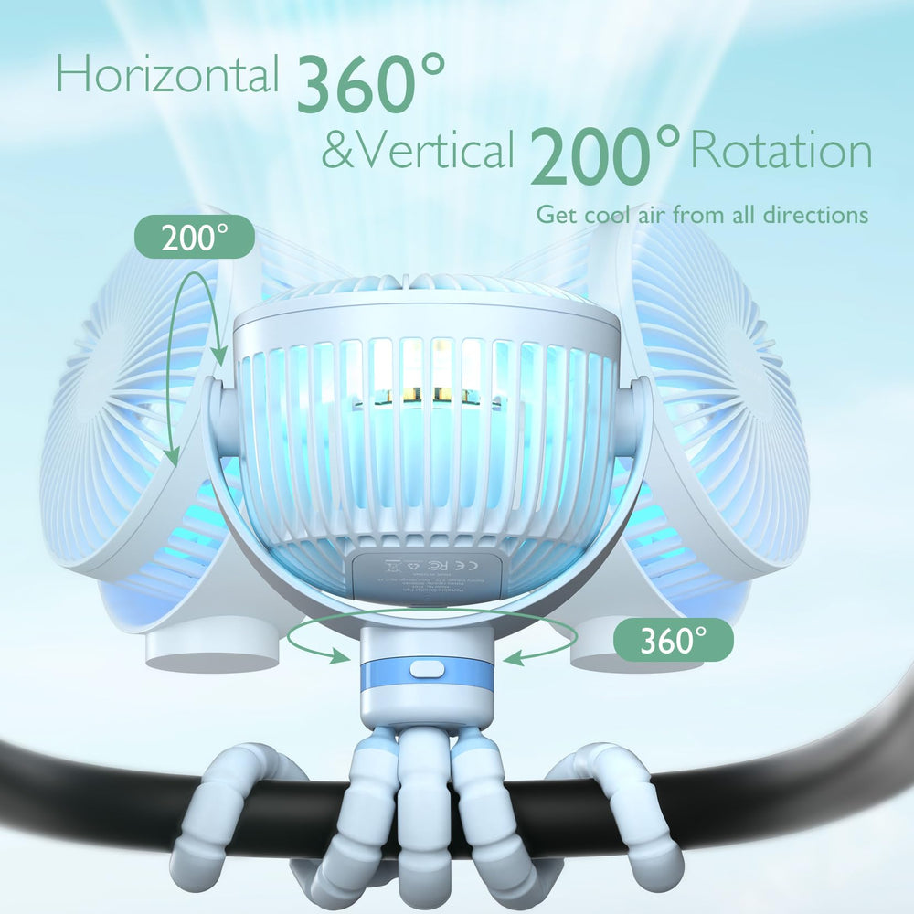 Momcozy stroller fan with car-seat clip for quick attachment.