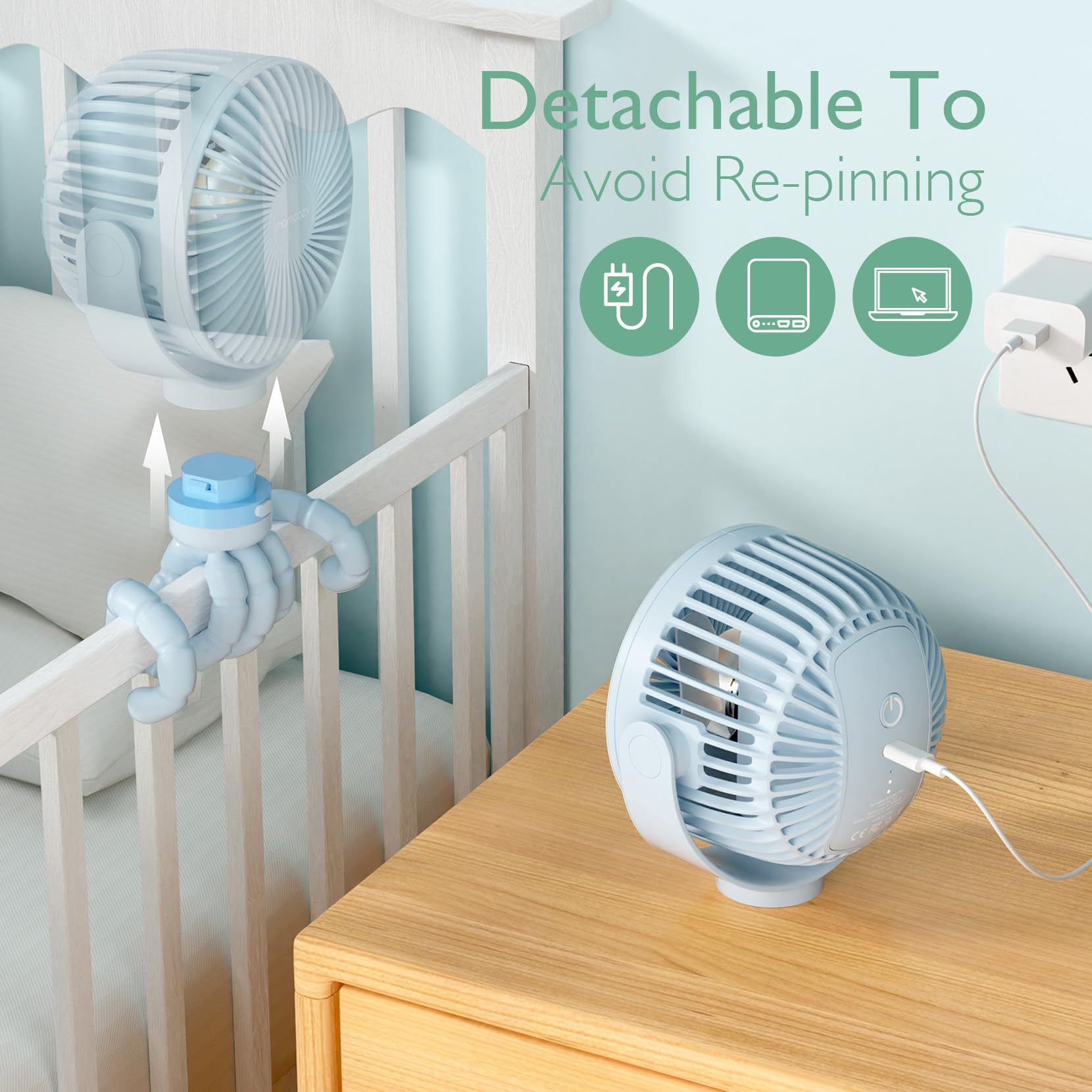 Momcozy stroller fan with detachable head for easy charging.