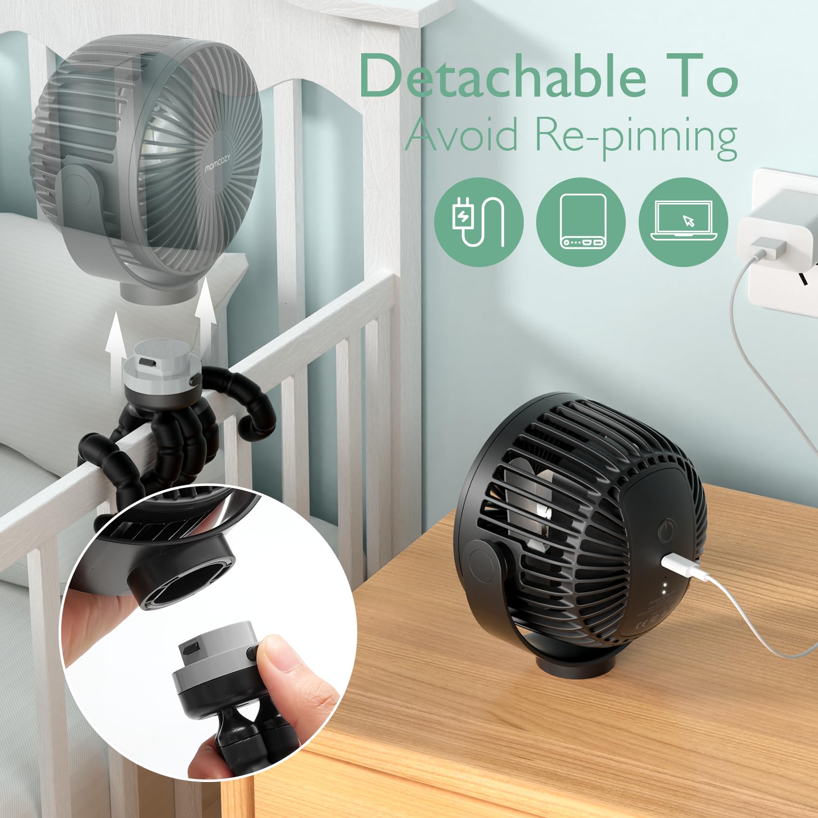 Momcozy detachable tripod for easy charging and flexible positioning