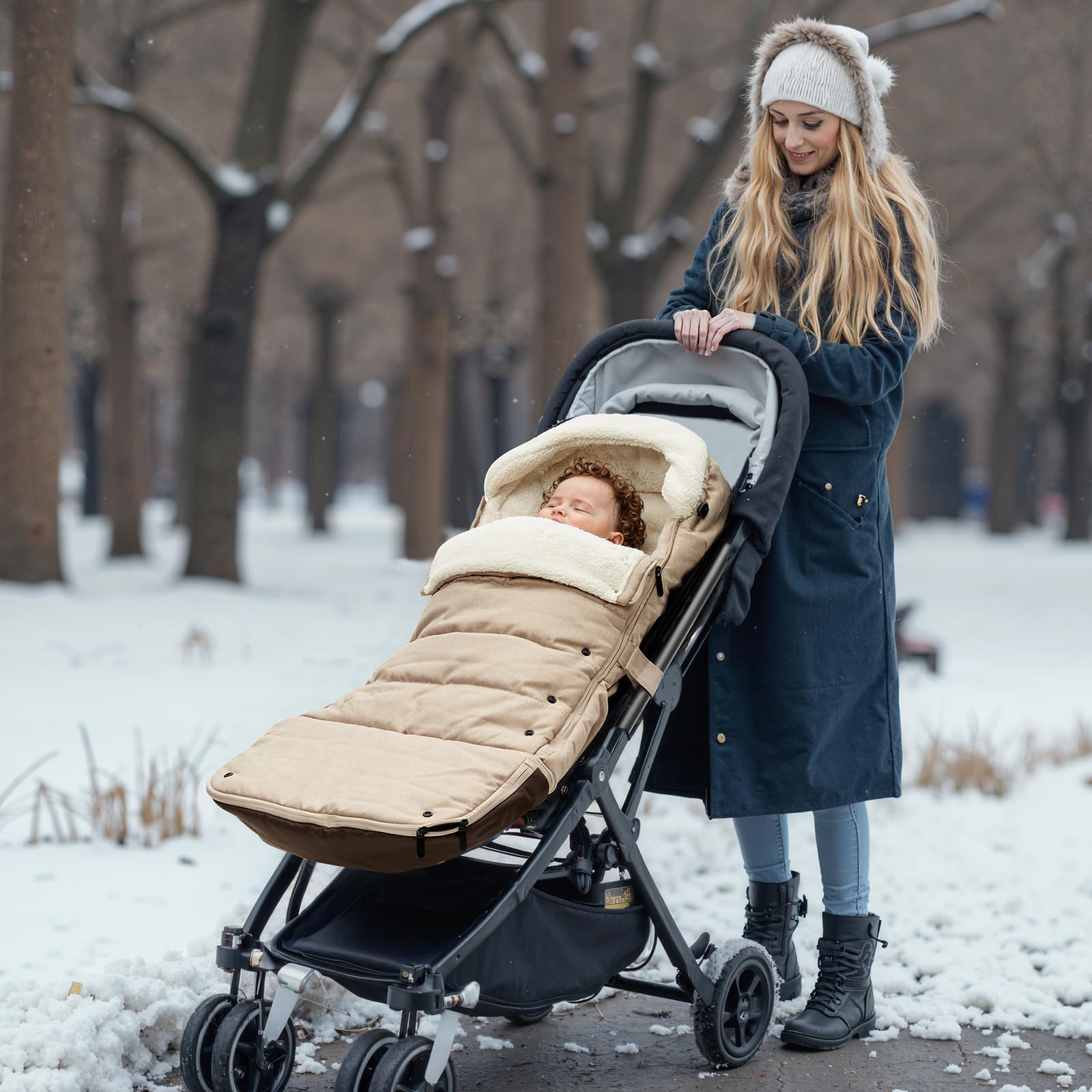 Momcozy adjustable drawstring hood shields baby from chilly winds.