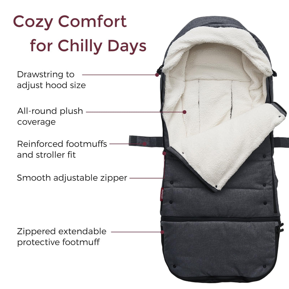 Extendable bottom keeps growing baby warm during stroller rides with Momcozy.