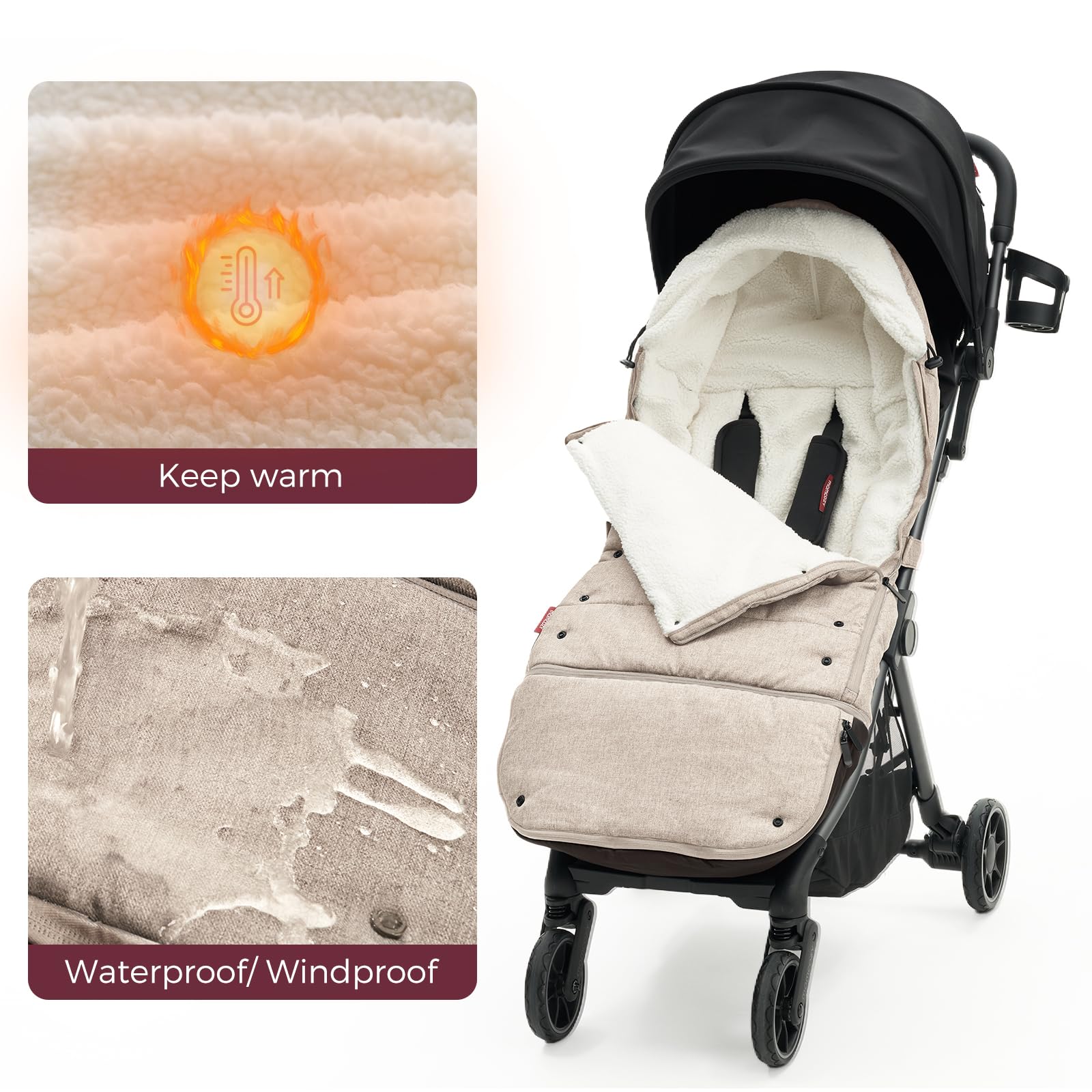 Momcozy footmuff shows inside belt slots for safe strap positioning.