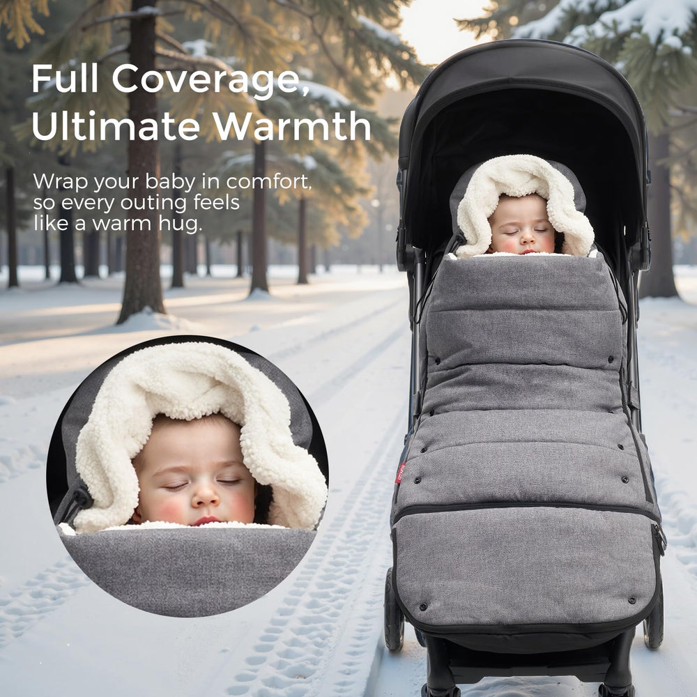 Momcozy Stroller Footmuff temperature-adjustment view highlighting adaptable warmth for changing weather