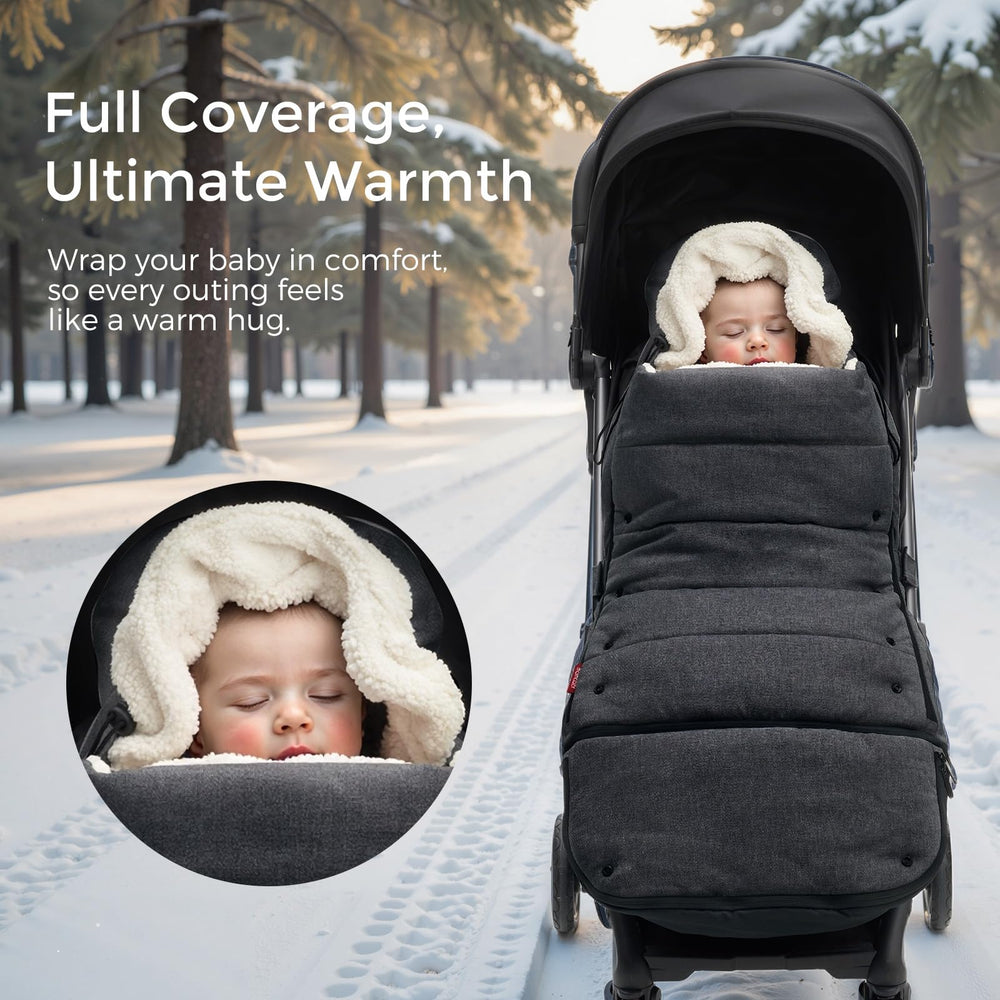 Momcozy footmuff demonstrates temperature coverage for weather adaptability.