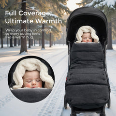 Momcozy footmuff demonstrates temperature coverage for weather adaptability.