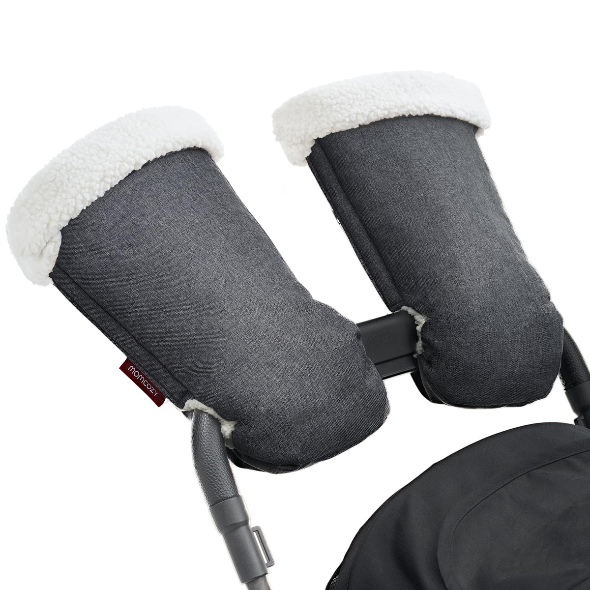 Momcozy Stroller Gloves Warmmuffs on a handle, offering cozy warmth during winter walks