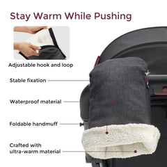 Momcozy handmuff accessories with waterproof fabric protecting hands from wind and drizzle