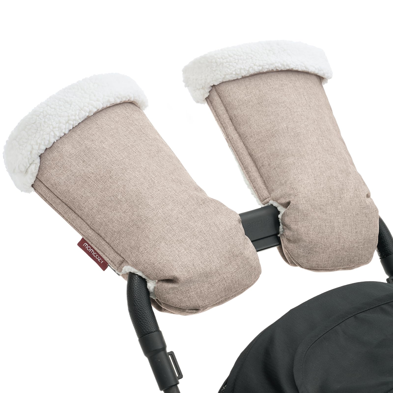 Momcozy Stroller Gloves Warmmuffs on handlebars offer warm hands during winter strolls