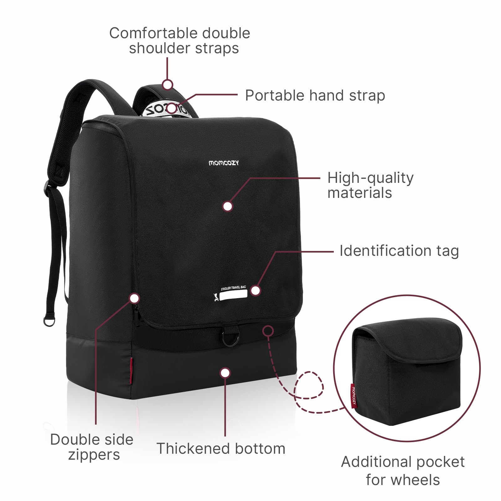 Momcozy stroller travel bag reinforced zippers for secure packing.