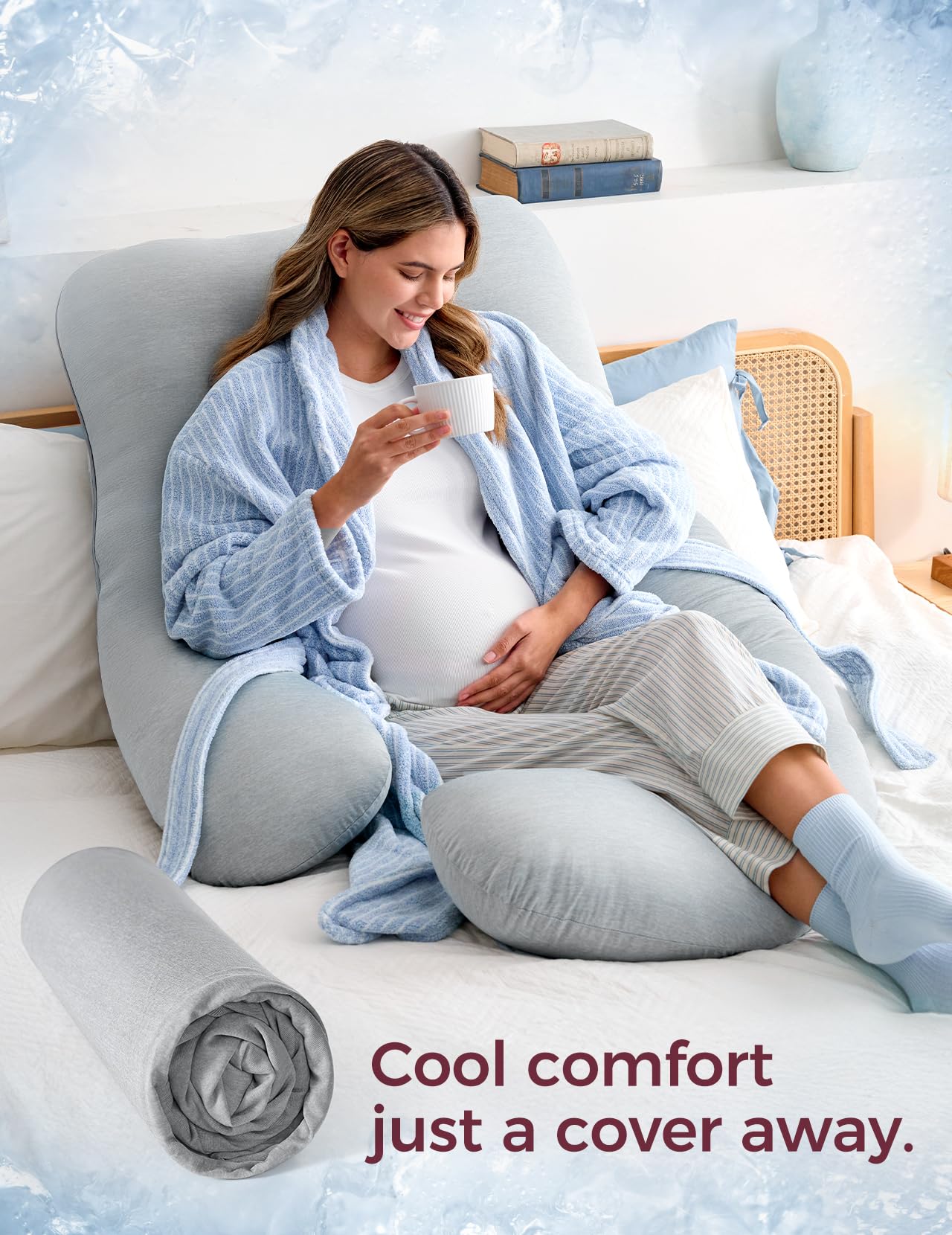 Momcozy pillow supports head, back, belly, and hips during sleep