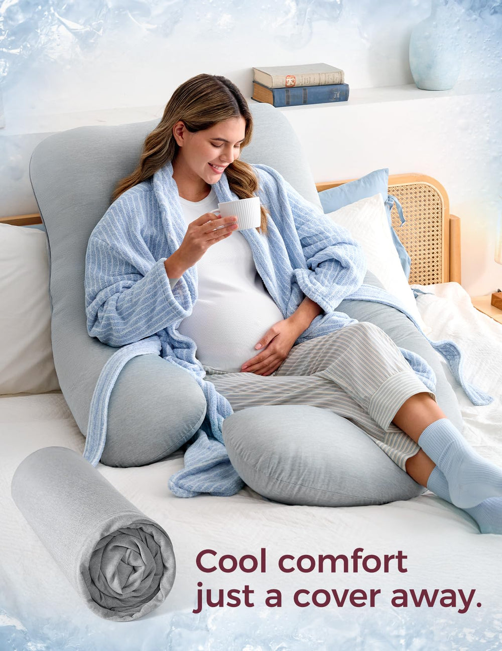 Momcozy pillow supports head, back, belly, and hips during sleep