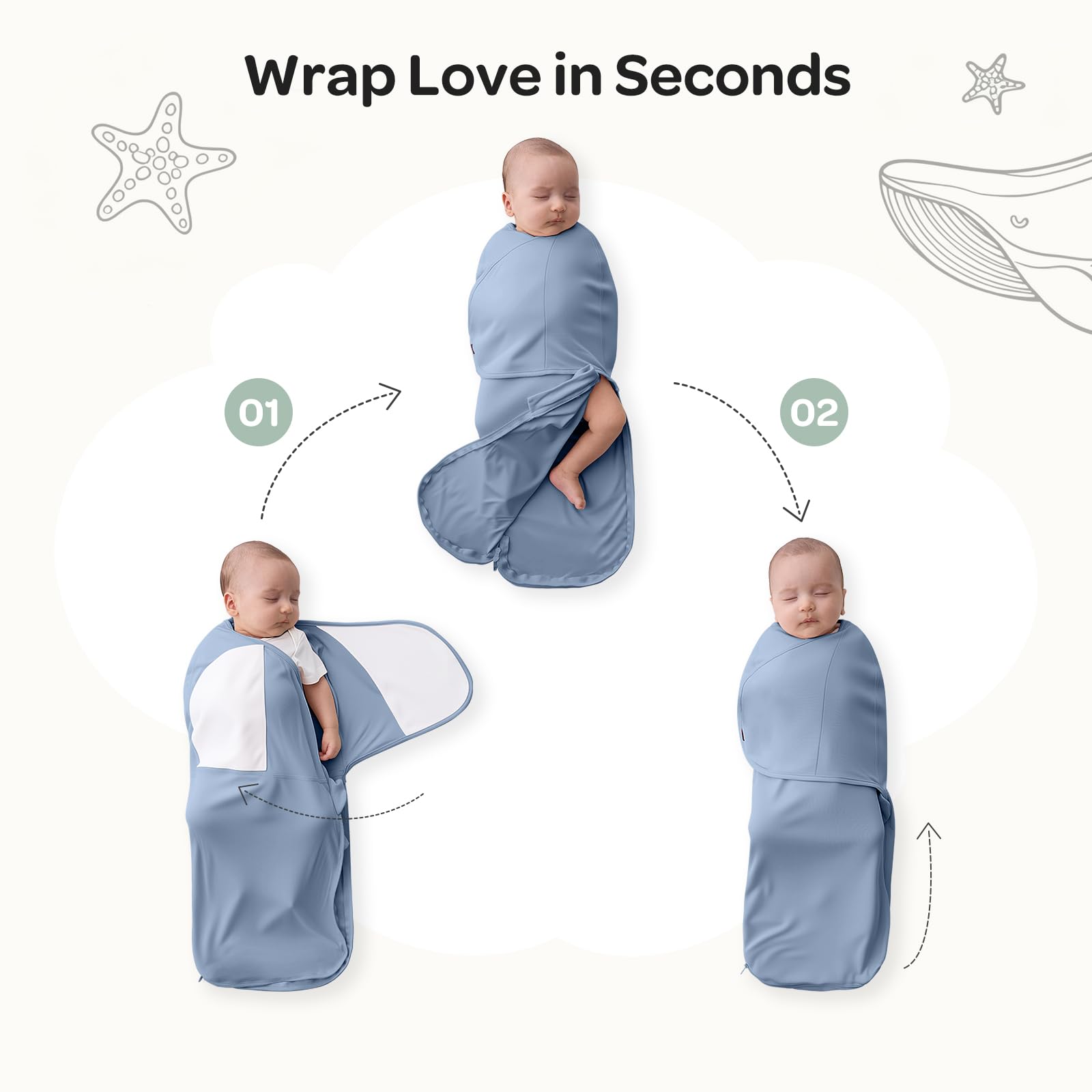 Momcozy wide-hem swaddle supports natural hip movement and comfort.