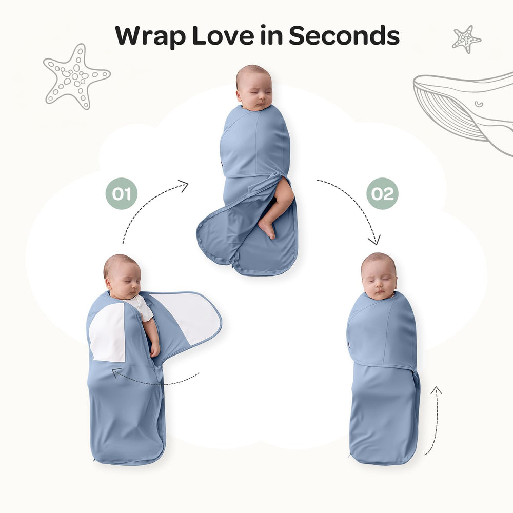 Momcozy wide-hem swaddle supports natural hip movement and comfort.