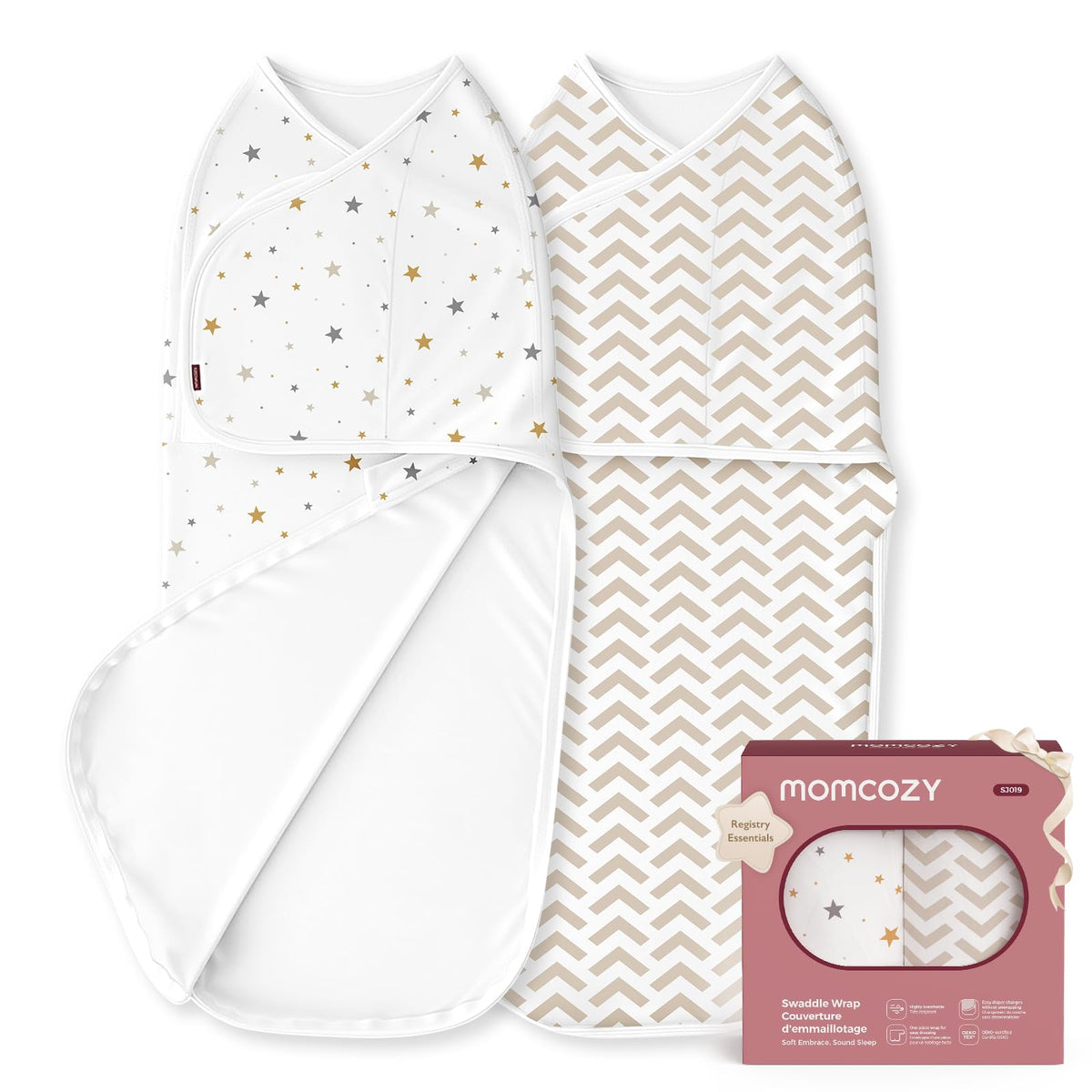 Momcozy swaddles with quiet-fastener for newborn comfort.