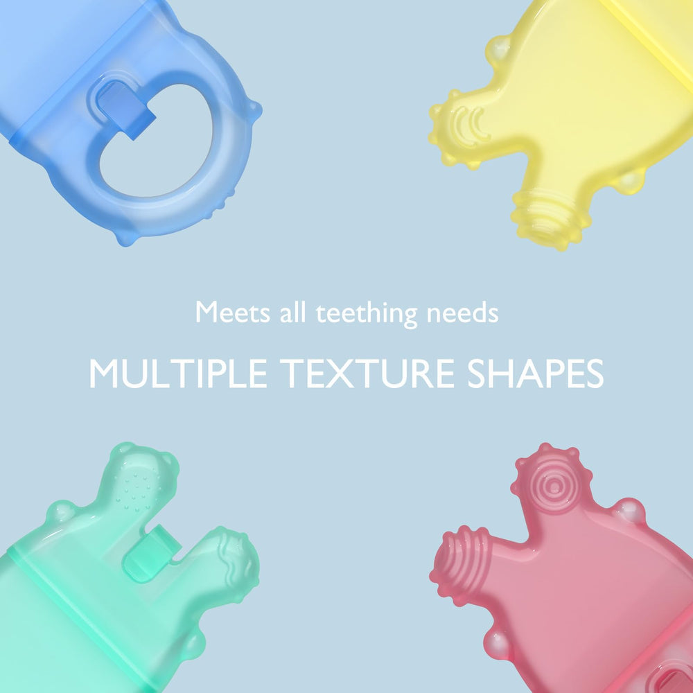 Momcozy teether in a baby's hands during teething play.