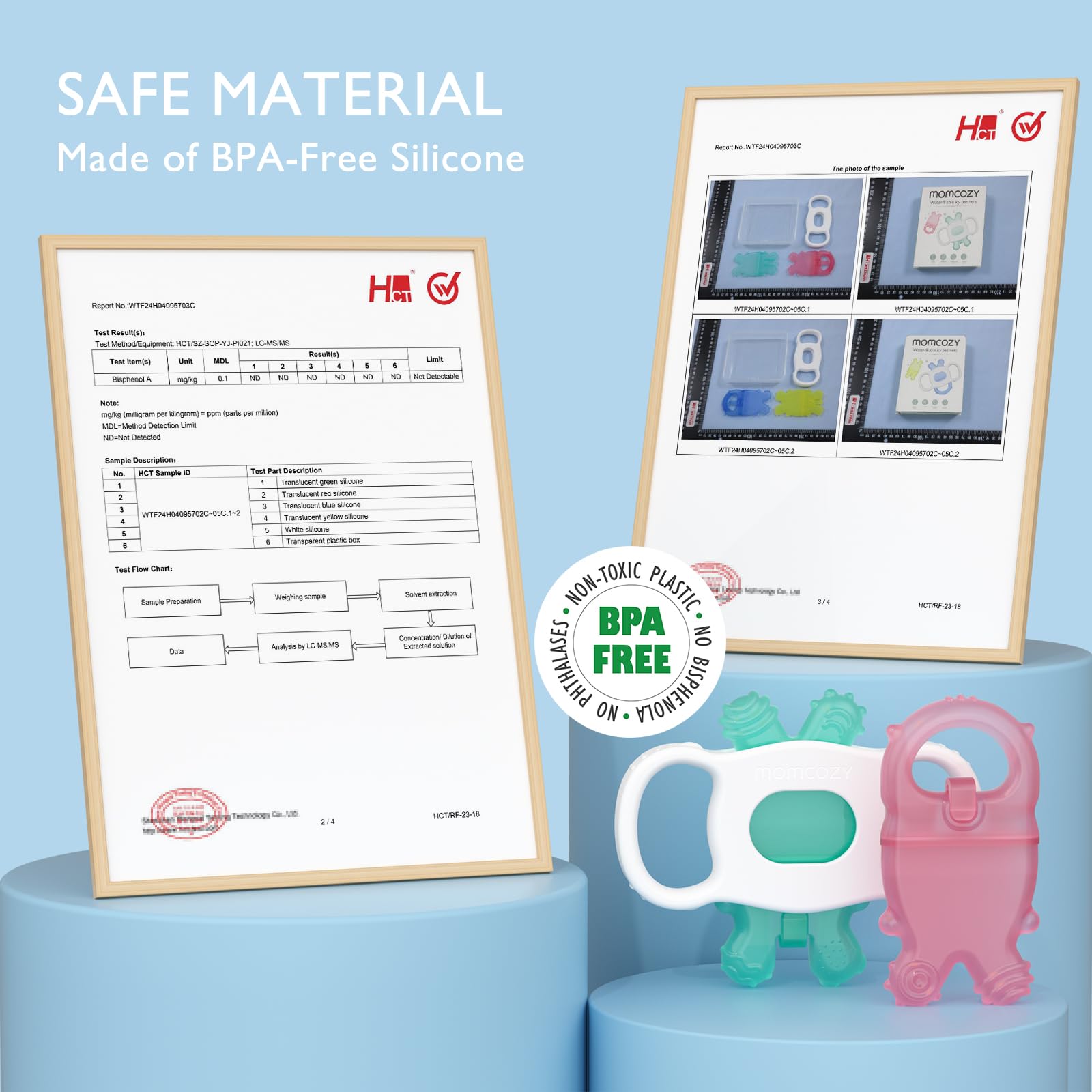Momcozy silicone teether details showing easy-clean surface and dishwasher safety.