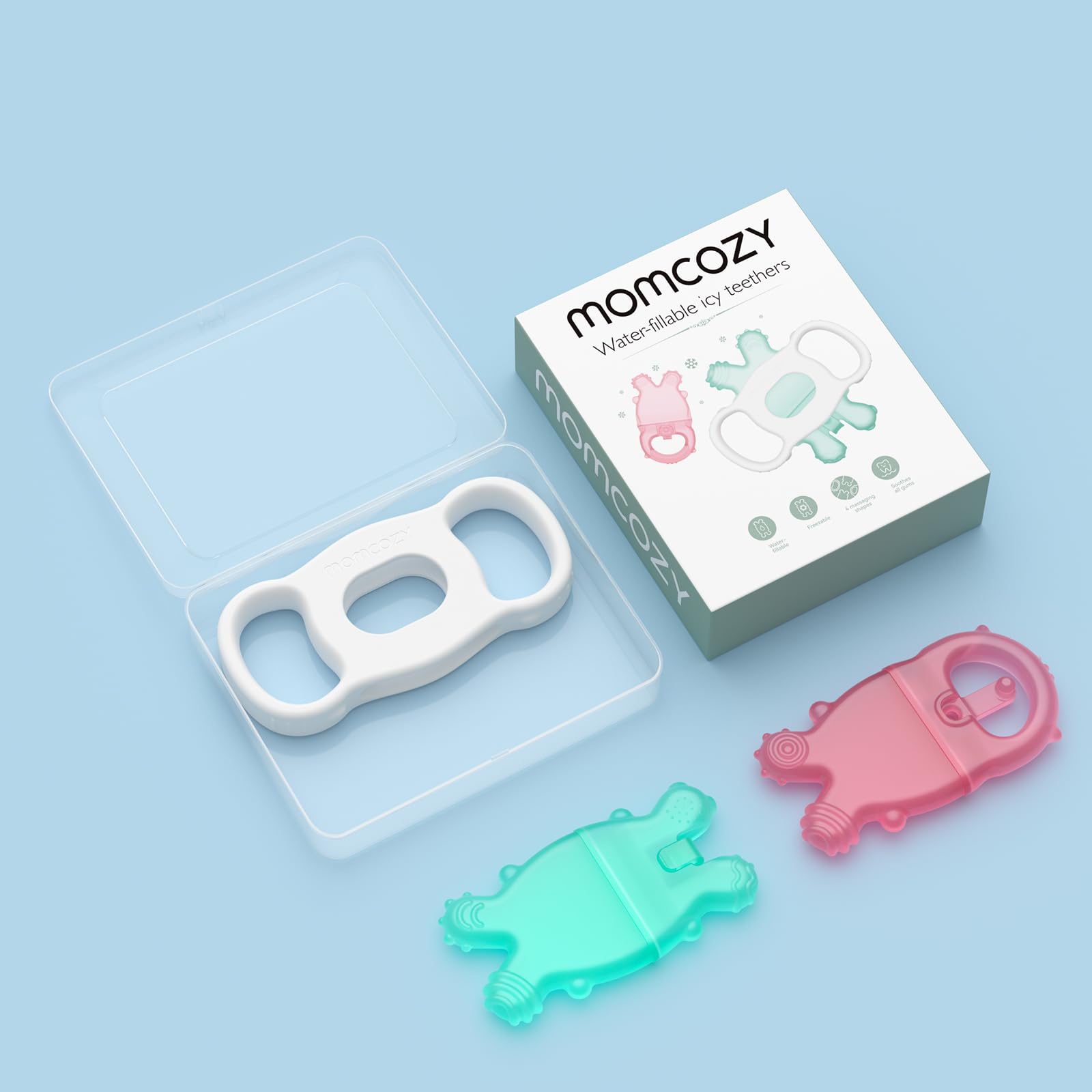 Momcozy teether held by a baby hand for secure grip