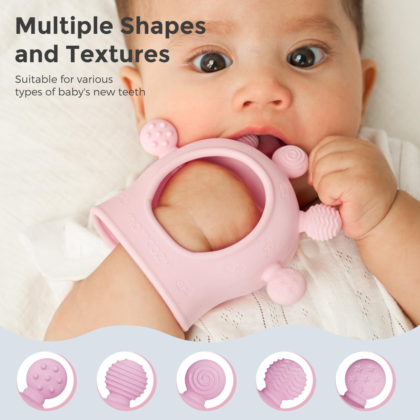 Momcozy teether multiple textures offer varied gum massage during teething.