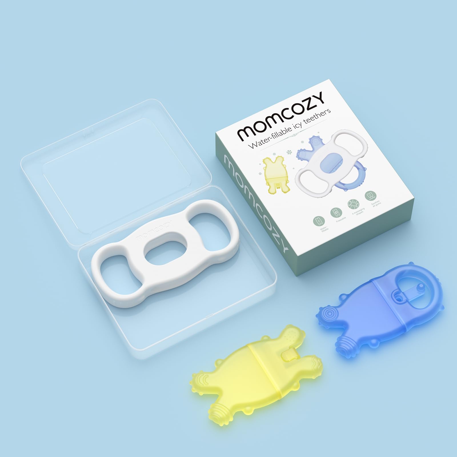 Momcozy BPA-free teether material emphasizing safe chewing for infants.