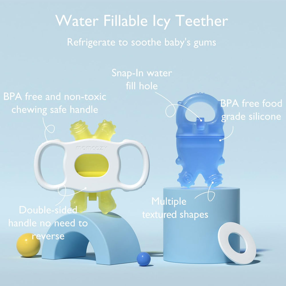 Momcozy silicone teether textures close-up showing dual ends for varied use.