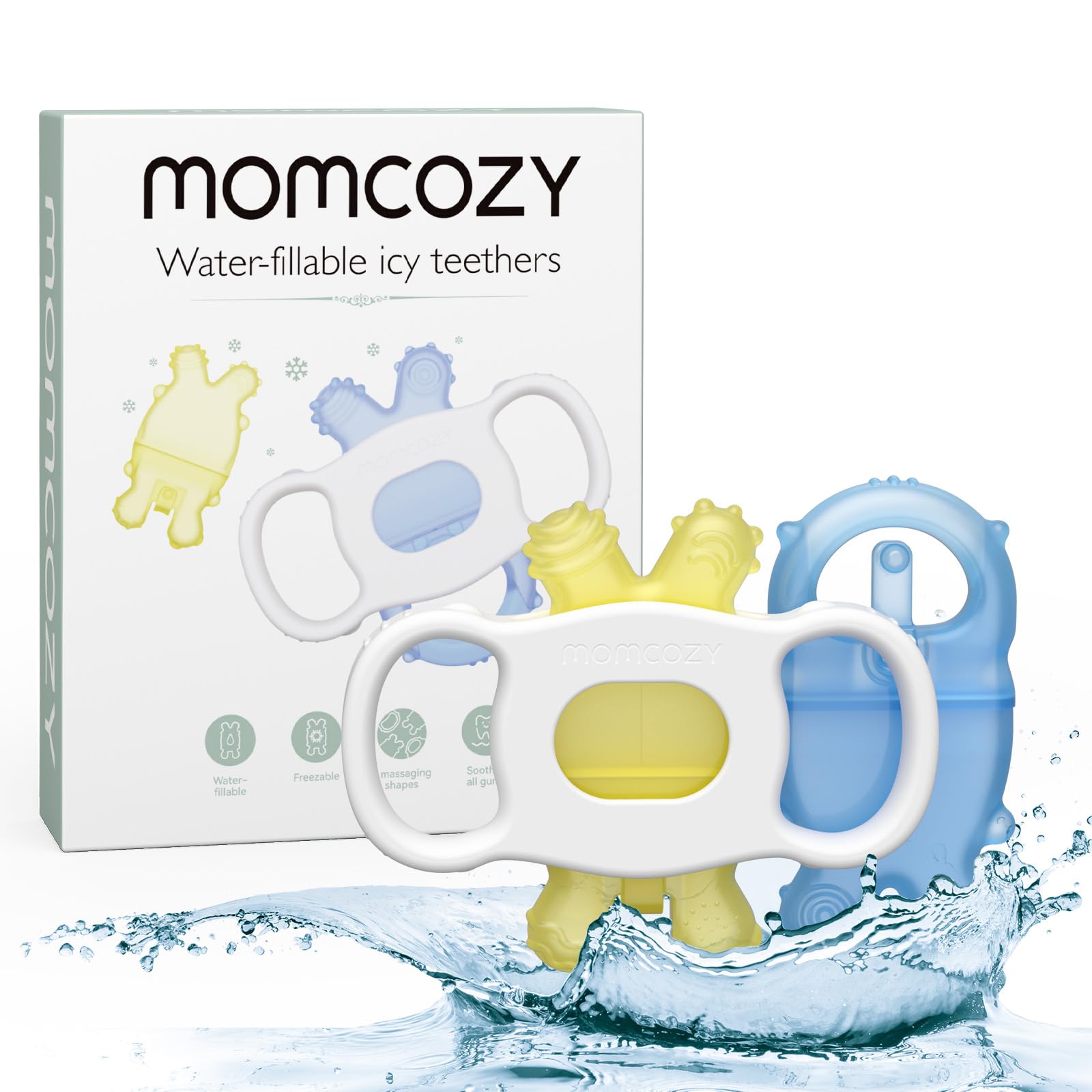 Momcozy teether set in blue and yellow two-piece design for soothing teething relief.