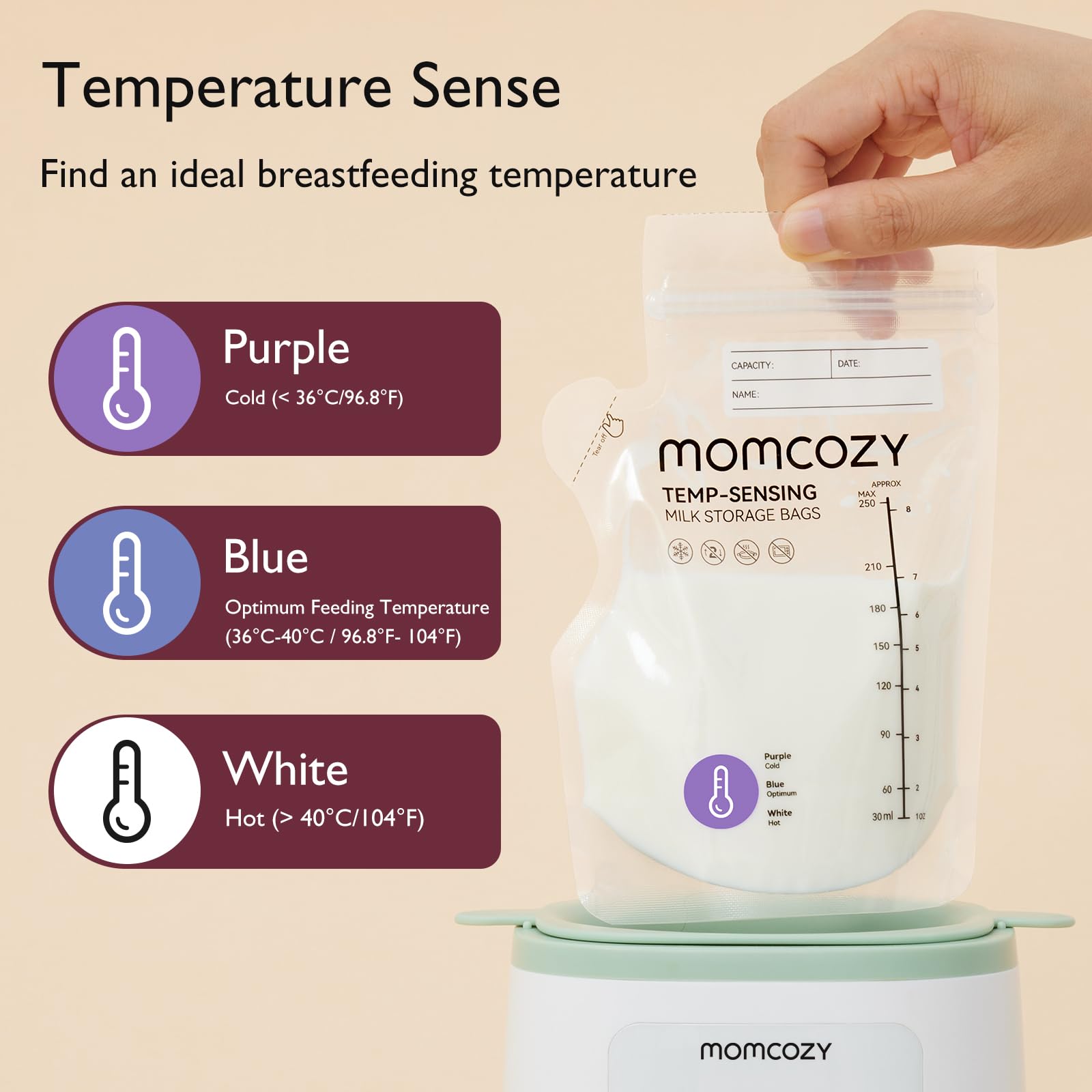 Momcozy color-change bag indicates temperature stages for safe warming.