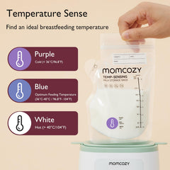 Momcozy color-change bag indicates temperature stages for safe warming.