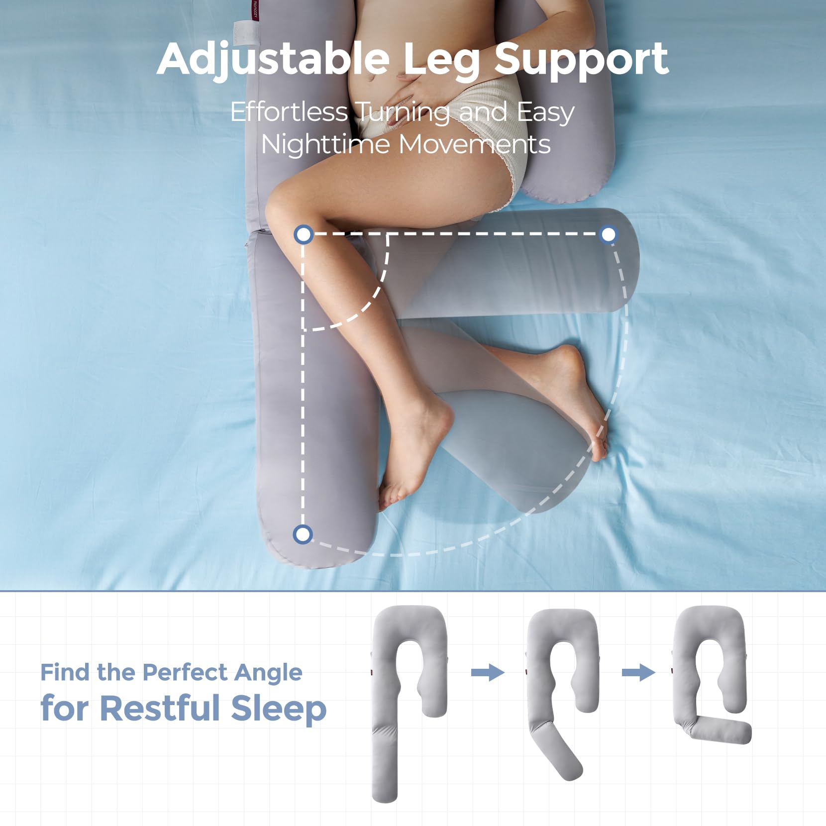 Momcozy U Pro five-point support aligns head, back, belly, hips, and legs.