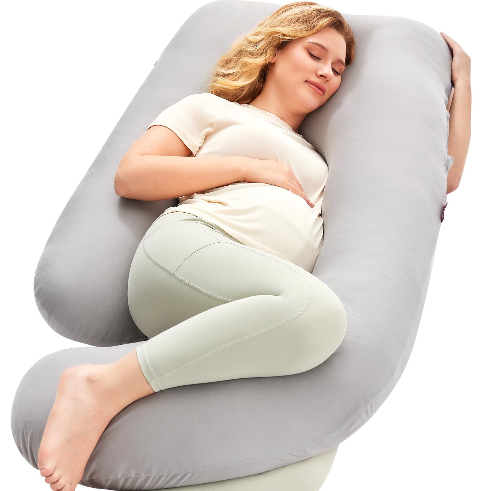 Momcozy U-shaped pregnancy pillow provides full-body support for better sleep.