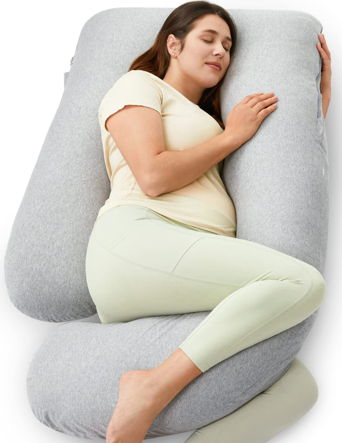 Momcozy U-shaped pregnancy pillow shows the 57-inch full-body design for complete support.