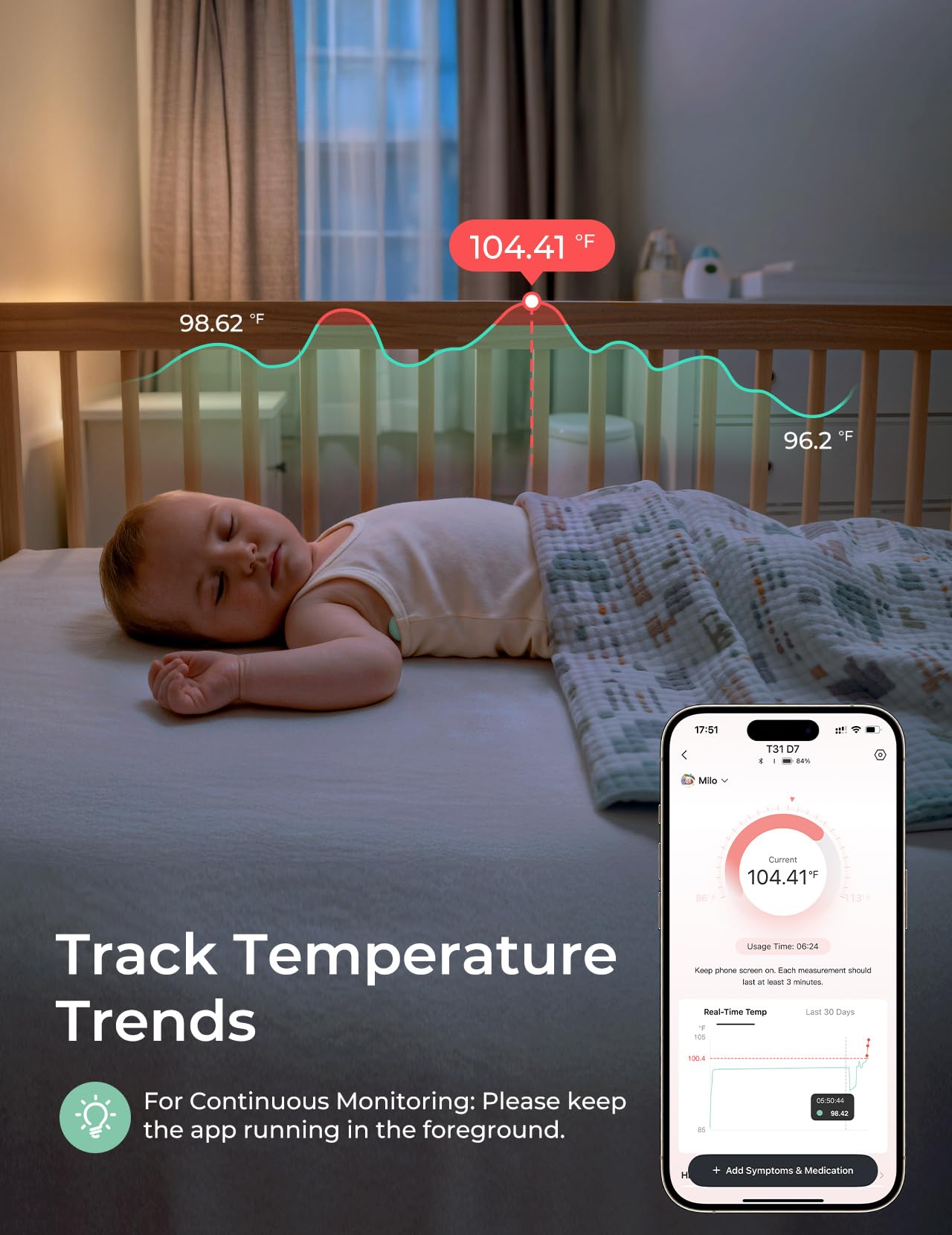 Momcozy underarm reading display shows instant temperature updates.