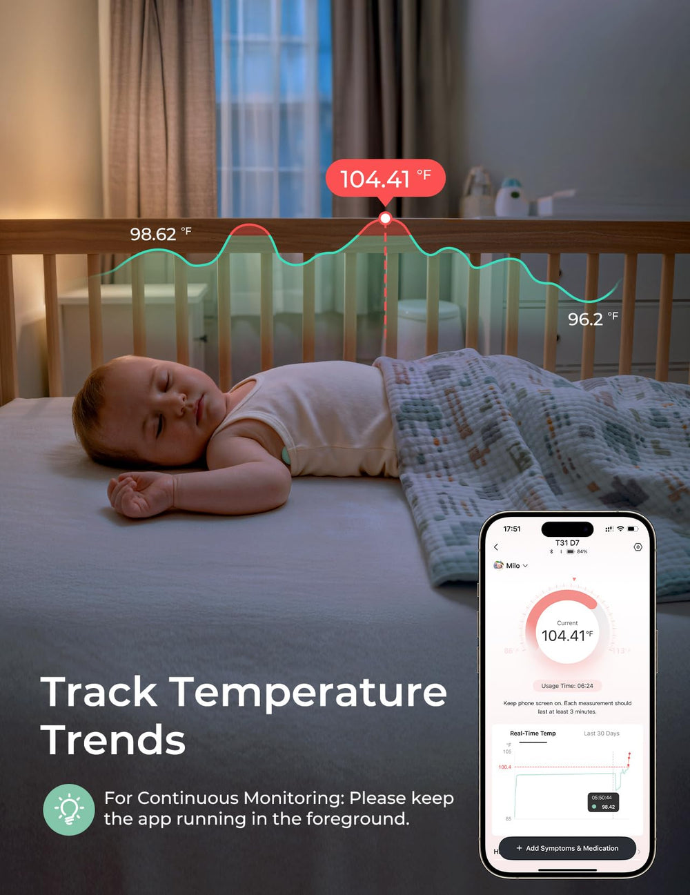 Momcozy underarm reading display shows instant temperature updates.