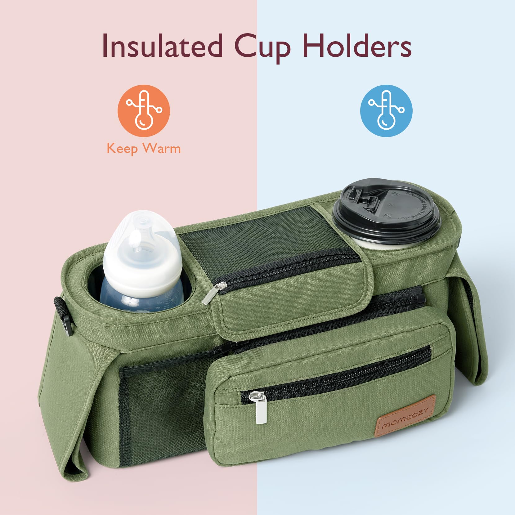 Momcozy insulated cup holders keep drinks at the right temperature.