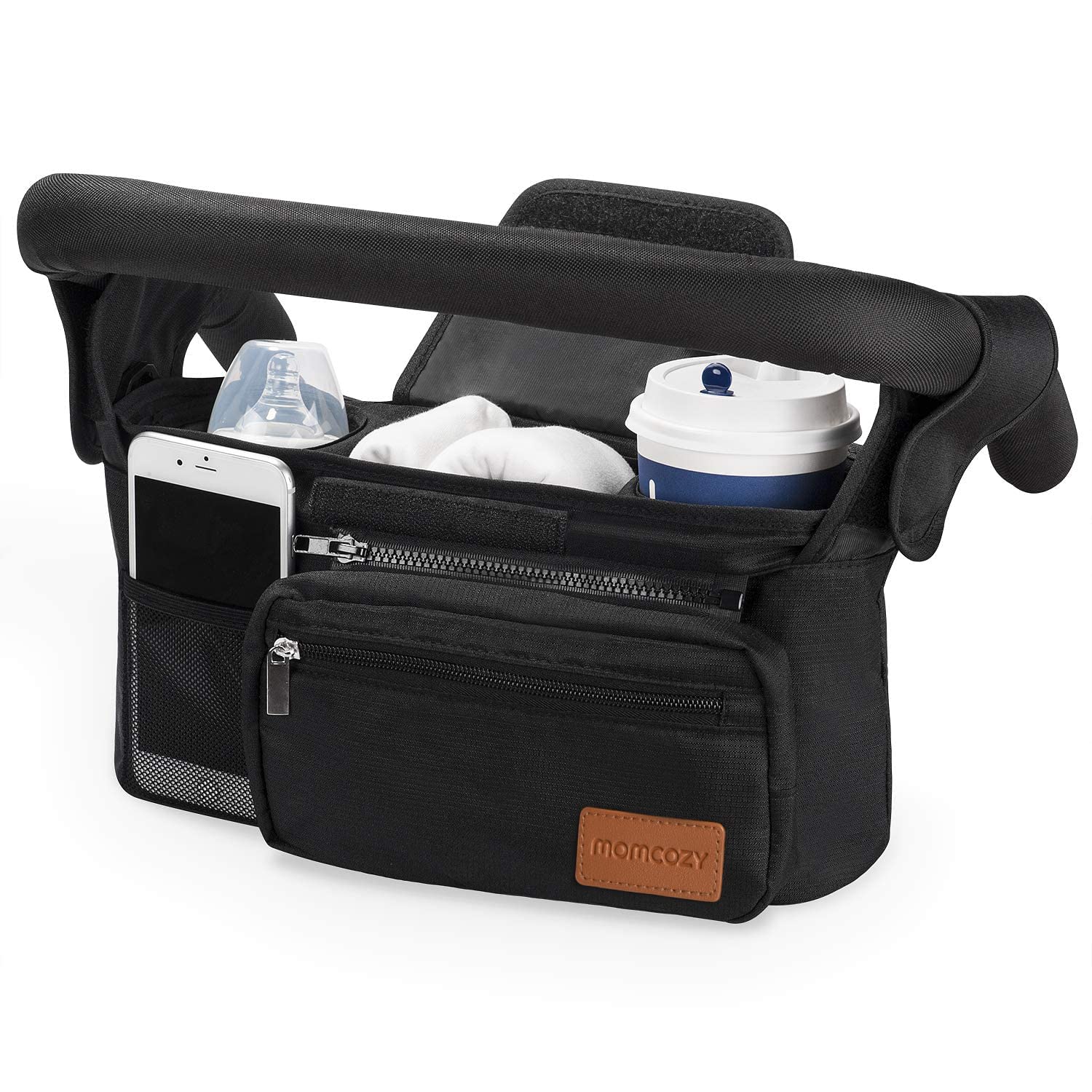 Momcozy universal stroller organizer with insulated cup holders for on-the-go drinks.