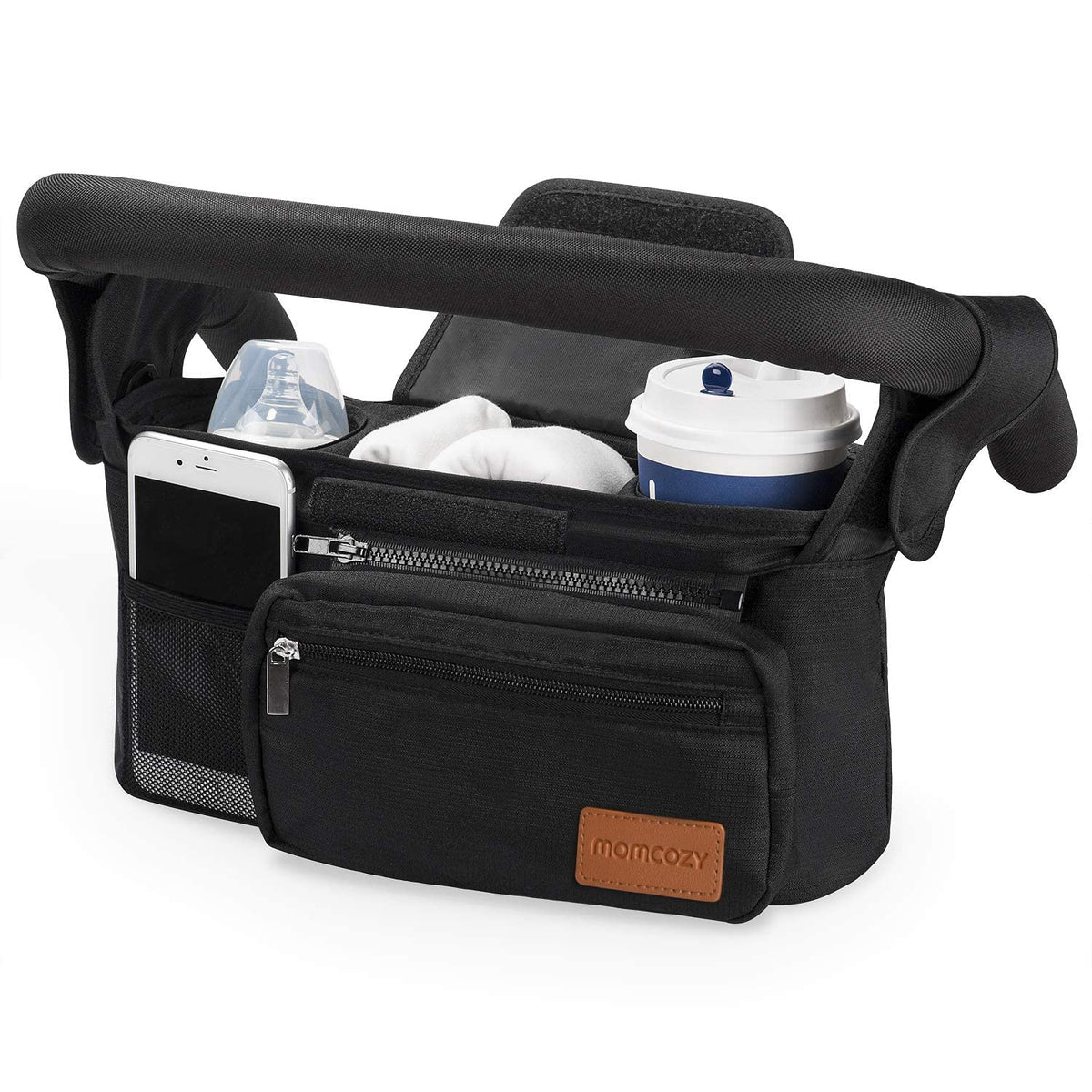 Momcozy universal stroller organizer with insulated cup holders for on-the-go drinks.