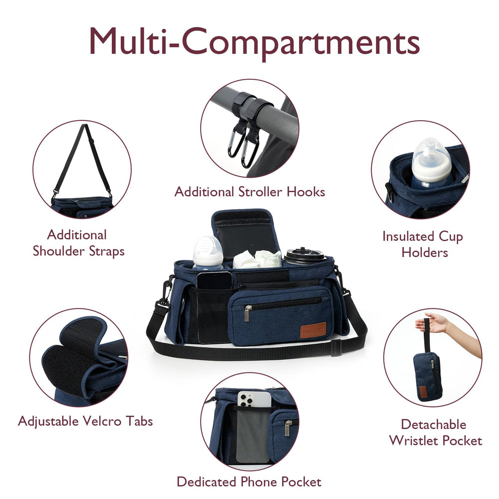 Momcozy stroller organizer with detachable phone bag securing essentials