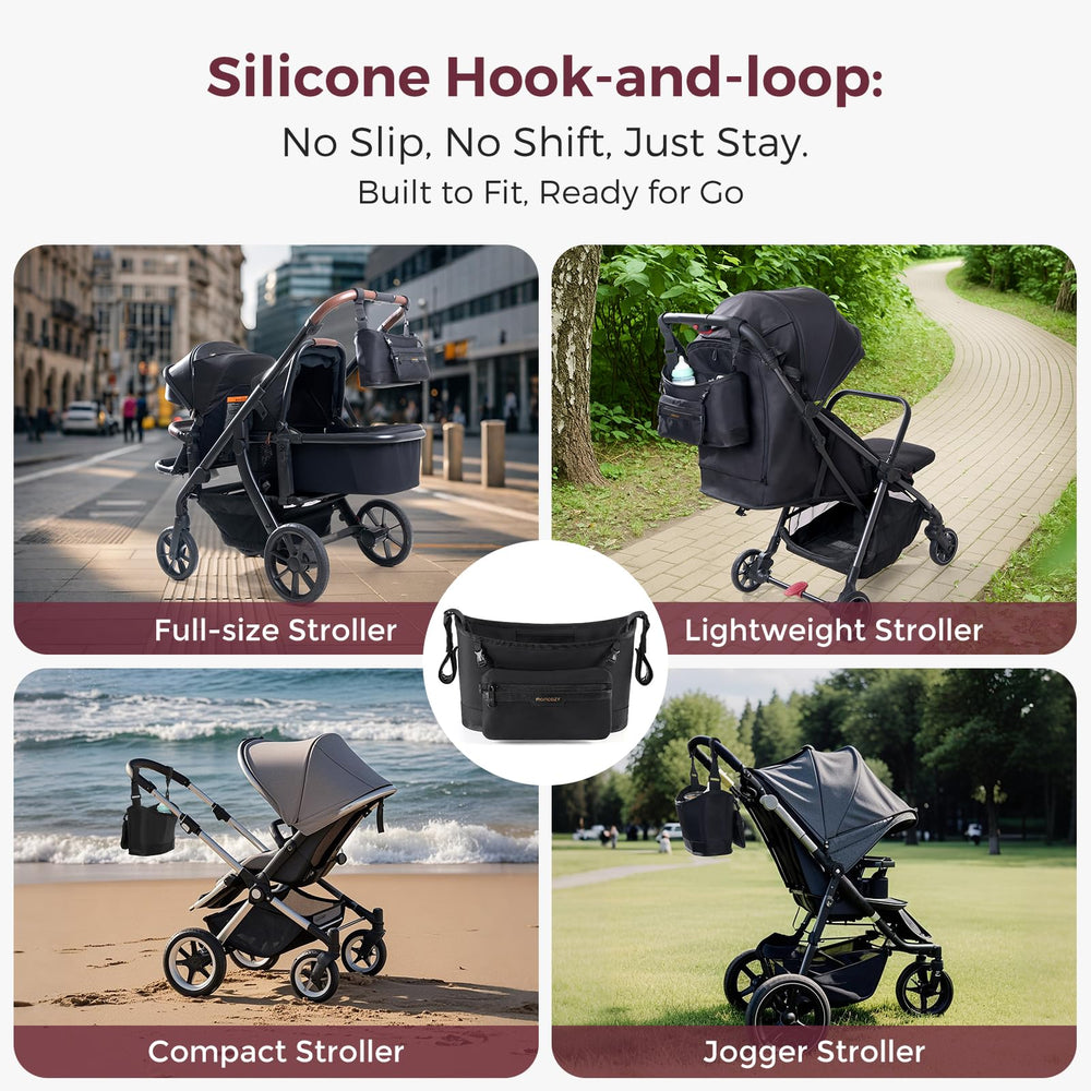 Momcozy stroller organizer fits Diaper/Wipes/Phone area with quick access features.