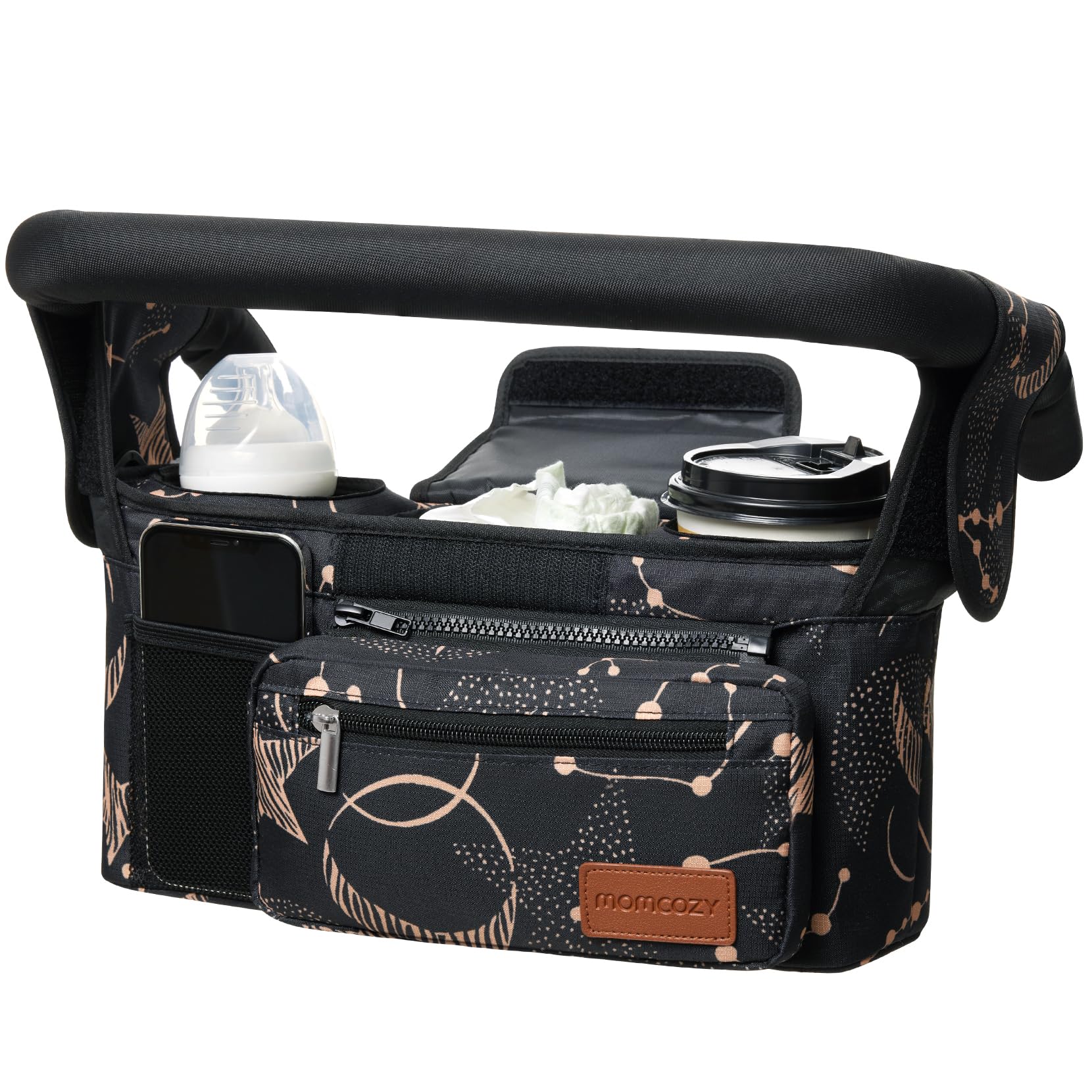 Momcozy universal stroller organizer in use with organized pockets for quick access.