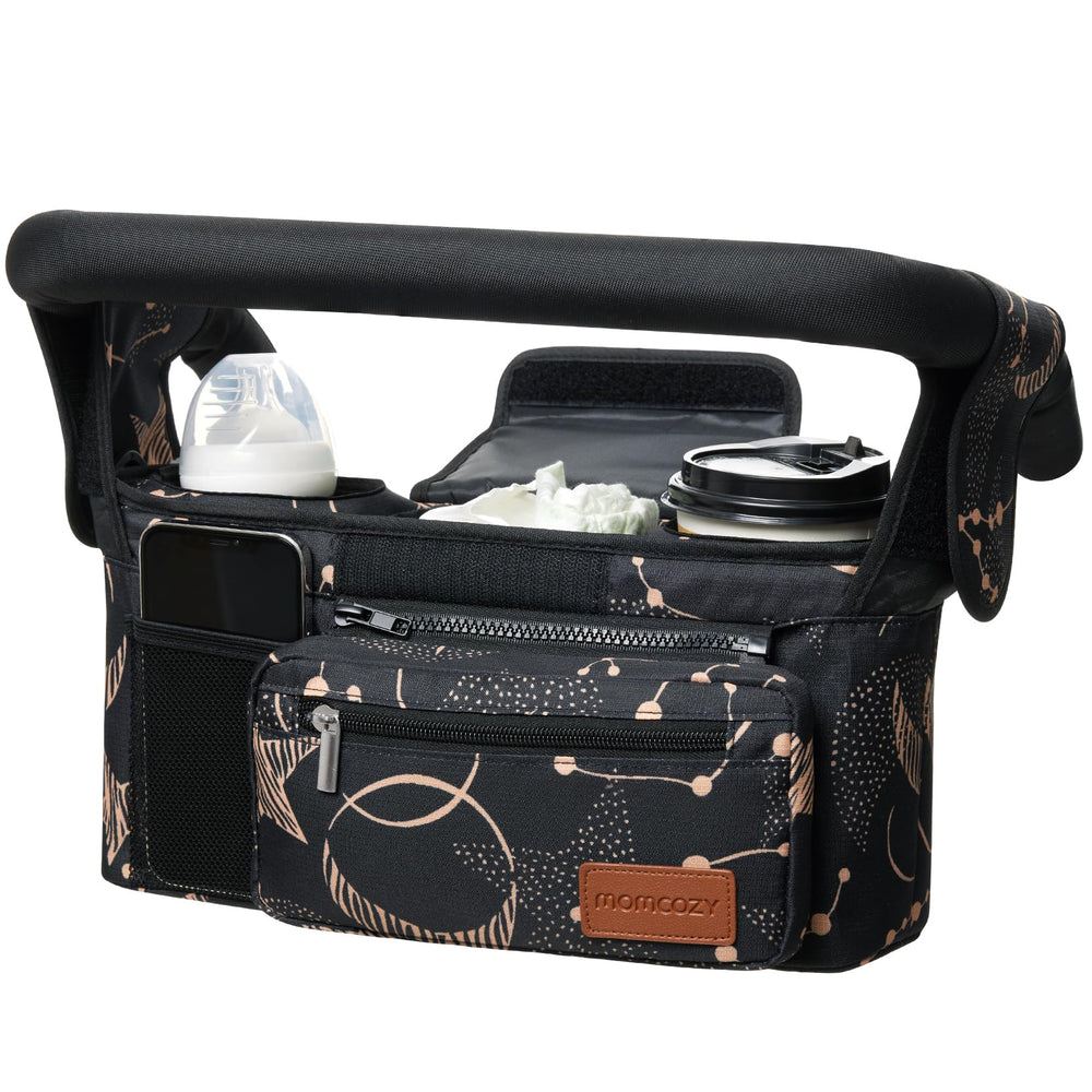 Momcozy universal stroller organizer in use with organized pockets for quick access.