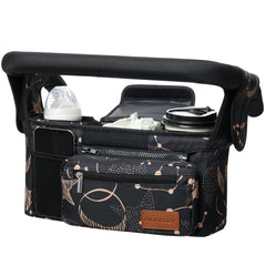Momcozy universal stroller organizer in use with organized pockets for quick access.