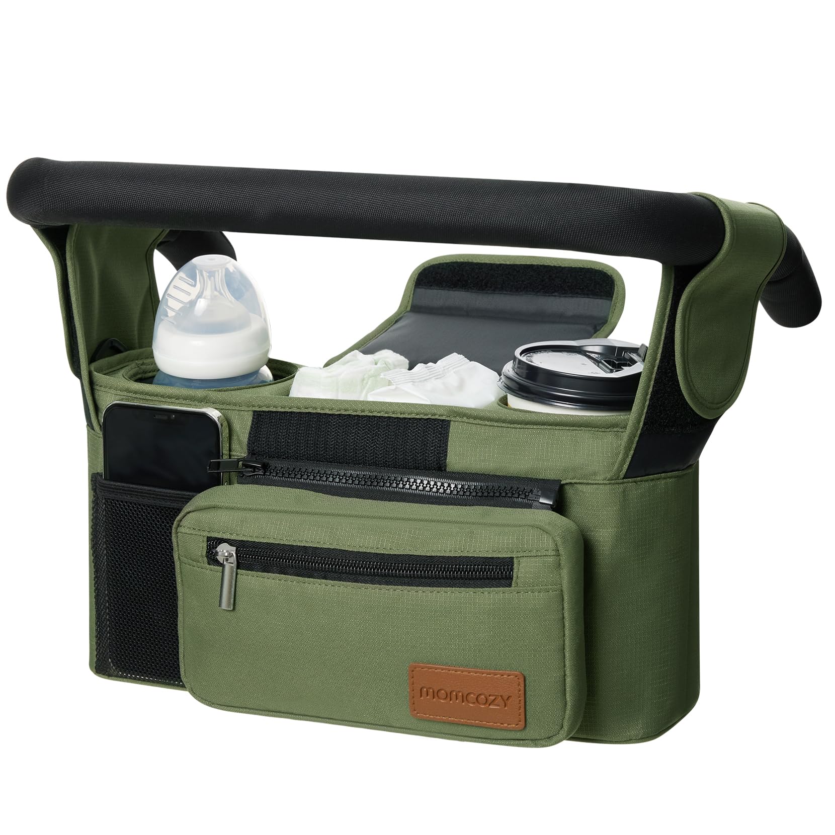 Momcozy Universal Stroller Organizer with insulated cup holders for quick drinks on the go.
