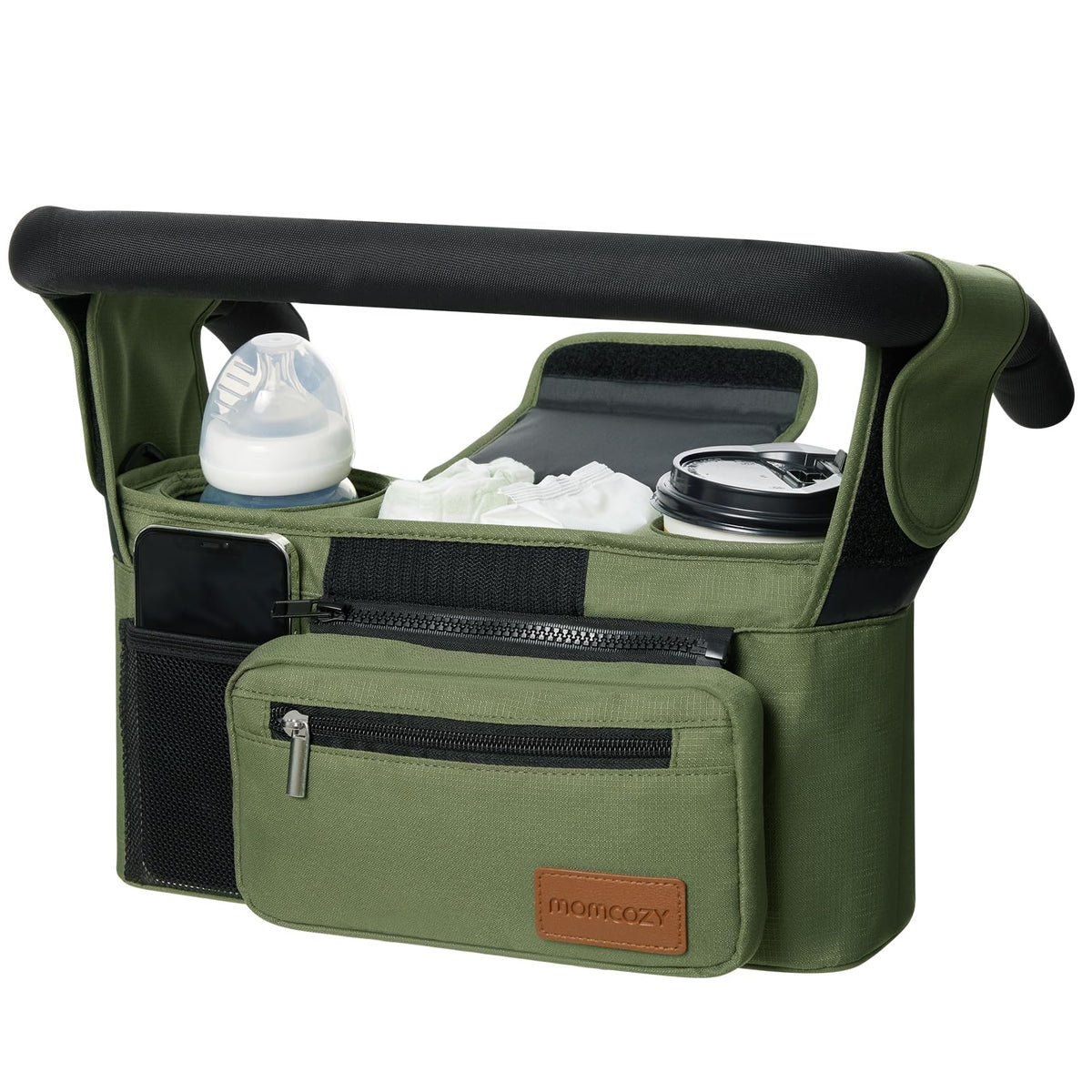 Momcozy Universal Stroller Organizer with insulated cup holders for quick drinks on the go.