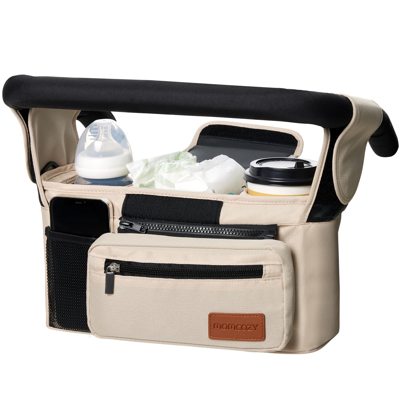 Momcozy universal stroller organizer with insulated cup holder keeps drinks steady on strolls