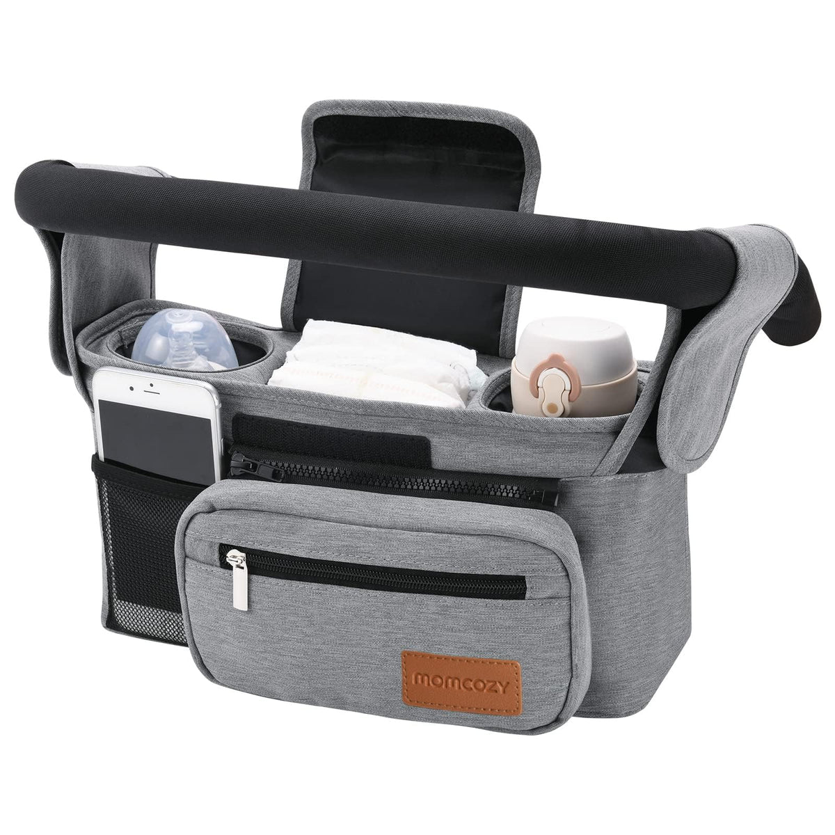 Momcozy universal stroller organizer with insulated cup holders keeps drinks at hand during strolls.
