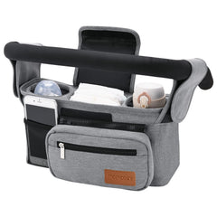 Momcozy universal stroller organizer with insulated cup holders keeps drinks at hand during strolls.