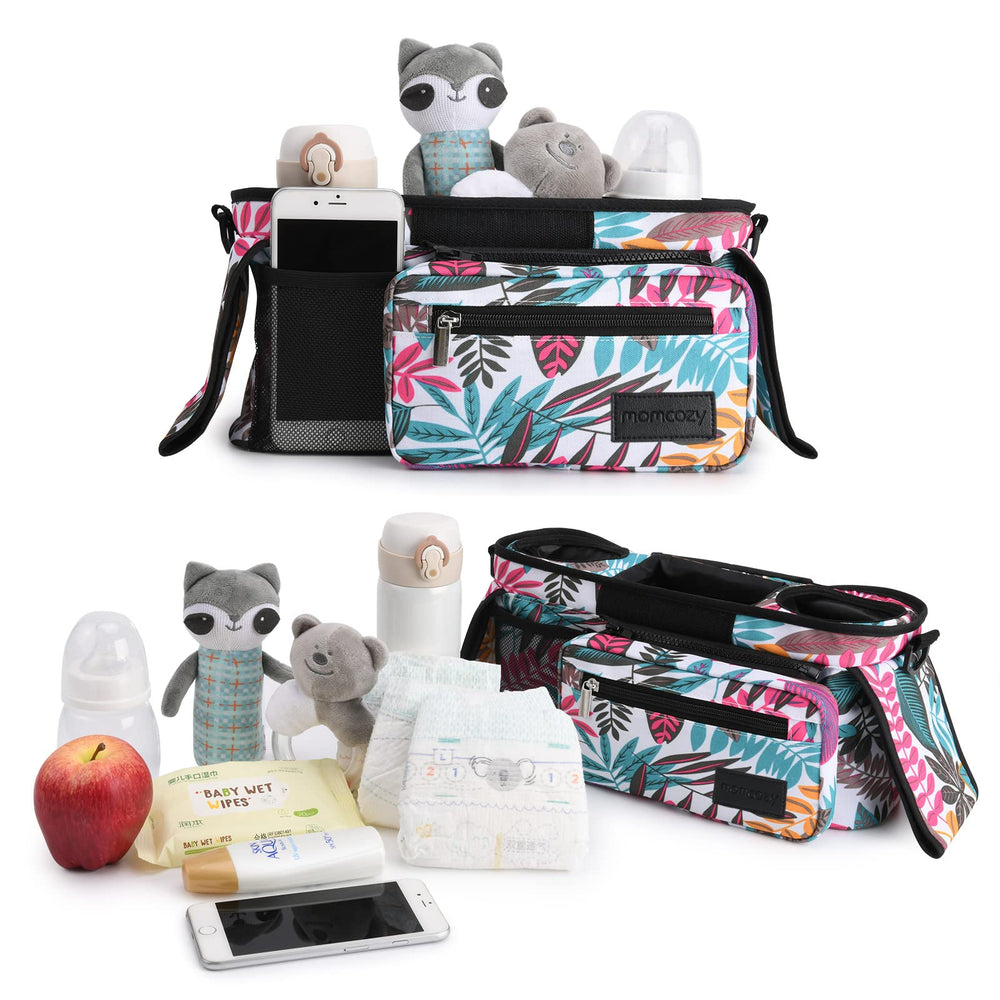 Momcozy organizer with two insulated cup holders to keep drinks steady on walks.