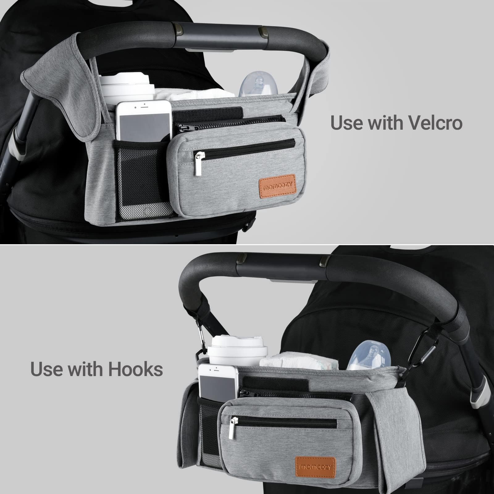 Momcozy universal organizer interior offers large capacity for cups, phone, and wallet.