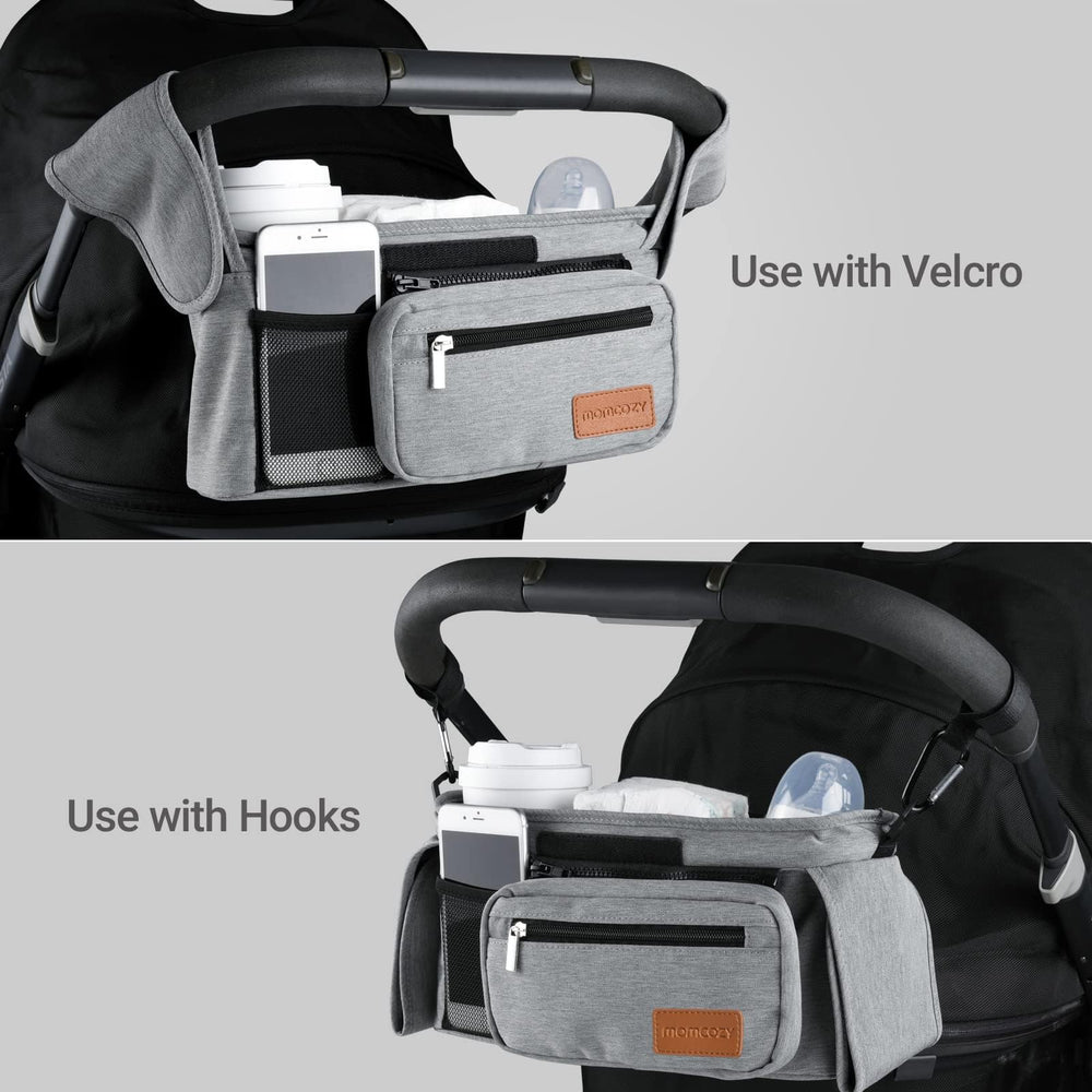 Momcozy universal organizer interior offers large capacity for cups, phone, and wallet.